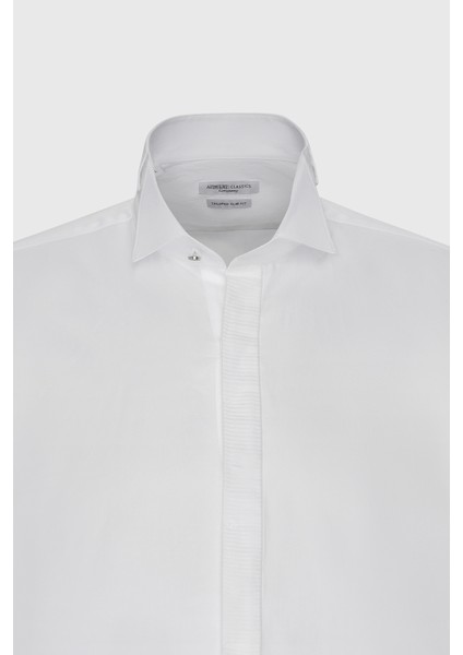 ALTINYILDIZ CLASSICS Erkek Beyaz Kırışmaz Kumaşlı Slim Fit Dar Kesim %100 Pamuk Siyah Detaylı Ata Yaka Gömlek