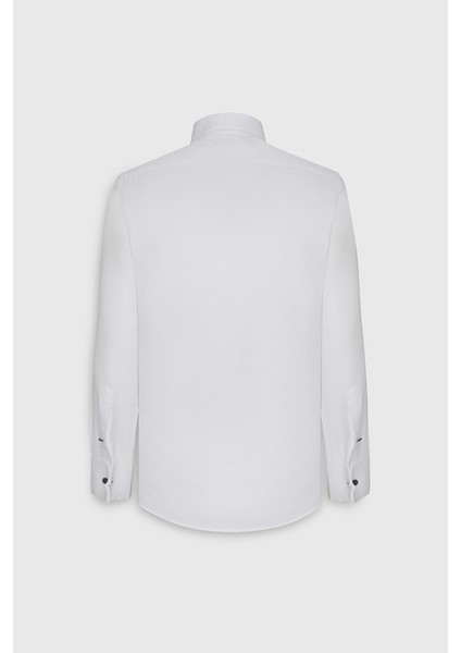 ALTINYILDIZ CLASSICS Erkek Beyaz Kırışmaz Kumaşlı Slim Fit Dar Kesim %100 Pamuk Siyah Detaylı Ata Yaka Gömlek