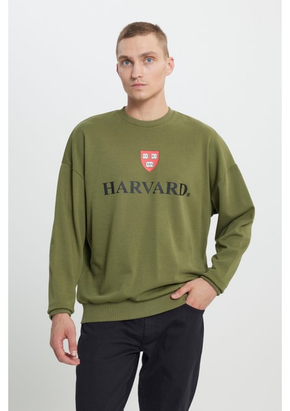 Erkek Haki Harvard Lisanslı 3 İplik Pamuklu Oversize Fit Bol Kesim Bisiklet Yaka Sweatshirt