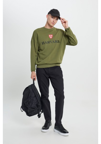 Erkek Haki Harvard Lisanslı 3 İplik Pamuklu Oversize Fit Bol Kesim Bisiklet Yaka Sweatshirt