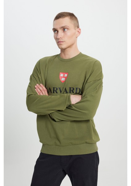 Erkek Haki Harvard Lisanslı 3 İplik Pamuklu Oversize Fit Bol Kesim Bisiklet Yaka Sweatshirt