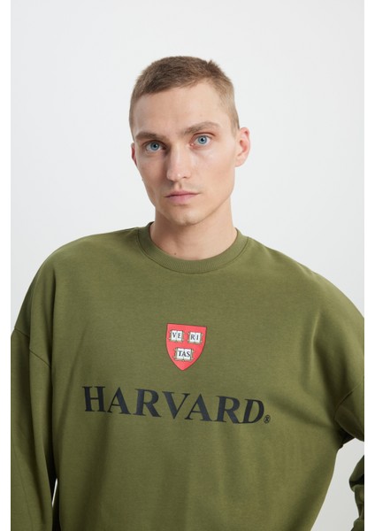 Erkek Haki Harvard Lisanslı 3 İplik Pamuklu Oversize Fit Bol Kesim Bisiklet Yaka Sweatshirt