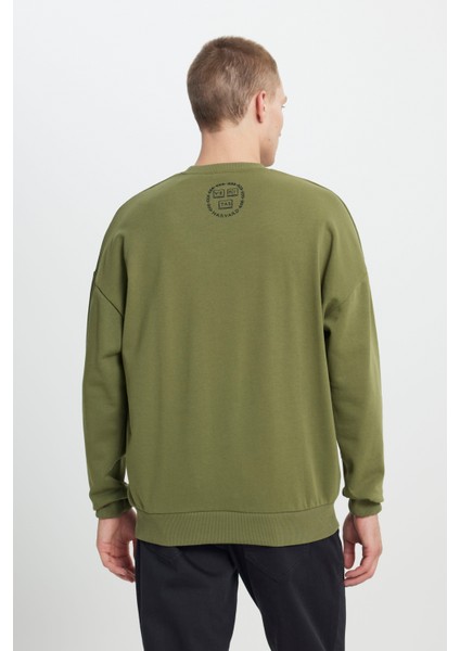 Erkek Haki Harvard Lisanslı 3 İplik Pamuklu Oversize Fit Bol Kesim Bisiklet Yaka Sweatshirt