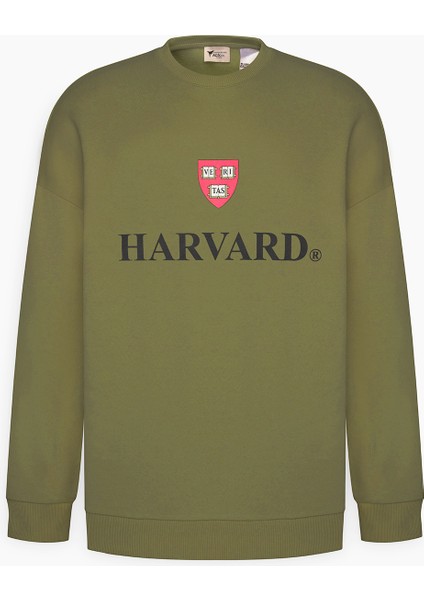 Erkek Haki Harvard Lisanslı 3 İplik Pamuklu Oversize Fit Bol Kesim Bisiklet Yaka Sweatshirt