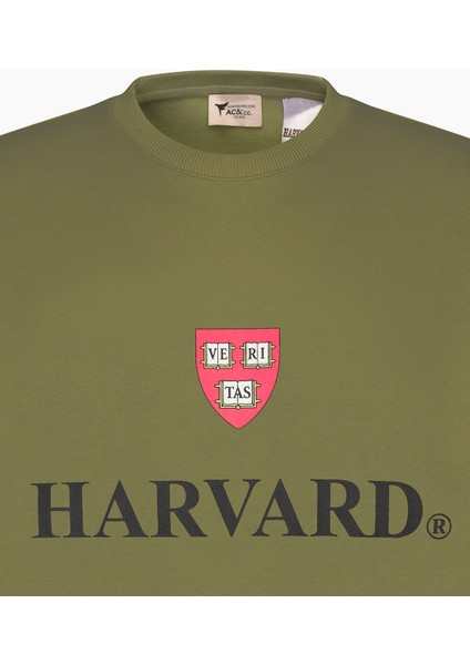 Erkek Haki Harvard Lisanslı 3 İplik Pamuklu Oversize Fit Bol Kesim Bisiklet Yaka Sweatshirt