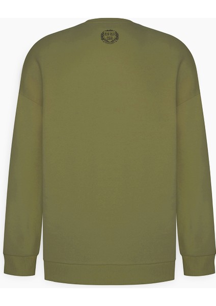 Erkek Haki Harvard Lisanslı 3 İplik Pamuklu Oversize Fit Bol Kesim Bisiklet Yaka Sweatshirt