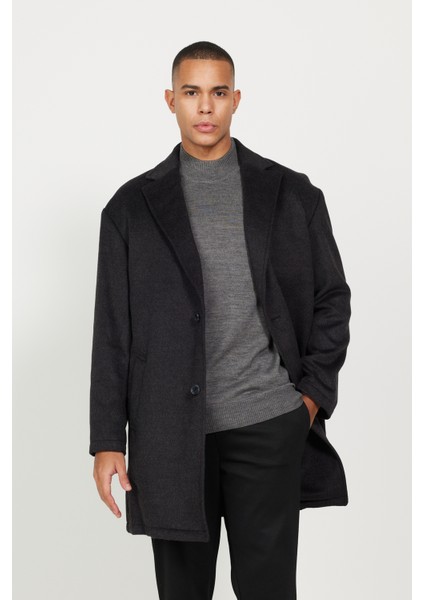 Erkek Antrasit Oversize Fit Bol Kesim Mono Yaka Desenli Kaşe Palto