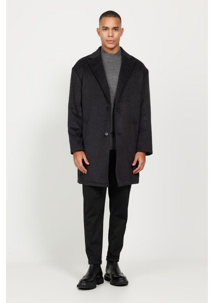 Erkek Antrasit Oversize Fit Bol Kesim Mono Yaka Desenli Kaşe Palto