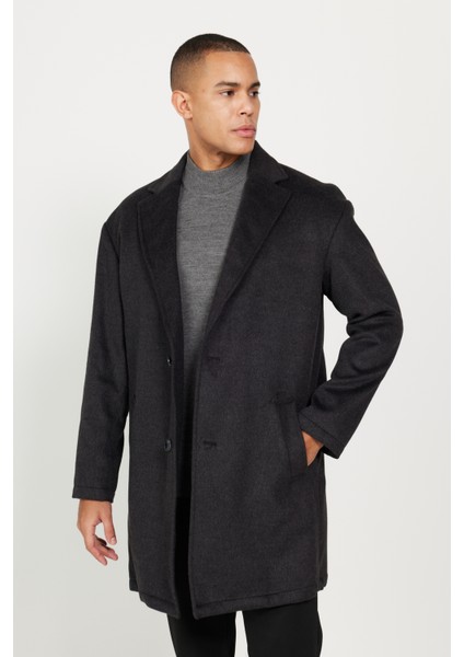 Erkek Antrasit Oversize Fit Bol Kesim Mono Yaka Desenli Kaşe Palto