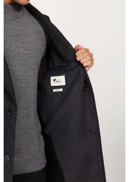 Erkek Antrasit Oversize Fit Bol Kesim Mono Yaka Desenli Kaşe Palto