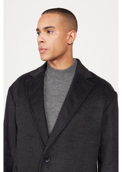 Erkek Antrasit Oversize Fit Bol Kesim Mono Yaka Desenli Kaşe Palto