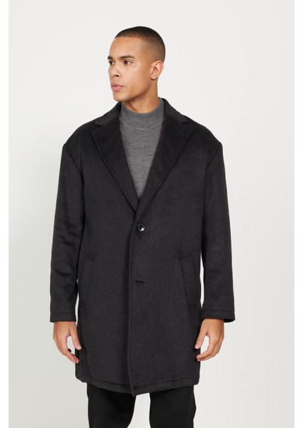 Erkek Antrasit Oversize Fit Bol Kesim Mono Yaka Desenli Kaşe Palto