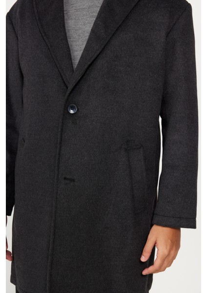 Erkek Antrasit Oversize Fit Bol Kesim Mono Yaka Desenli Kaşe Palto