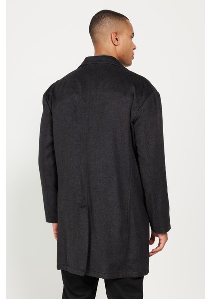 Erkek Antrasit Oversize Fit Bol Kesim Mono Yaka Desenli Kaşe Palto