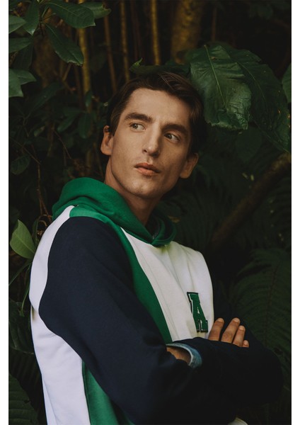 Erkek Beyaz-yeşil Standart Fit Normal Kesim Kapüşonlu Pamuklu Çizgili Sweatshirt