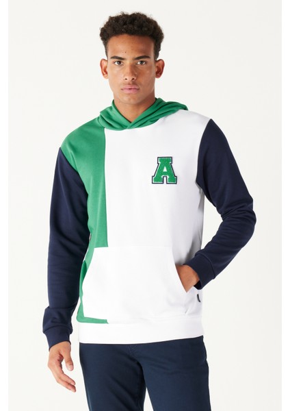 Erkek Beyaz-yeşil Standart Fit Normal Kesim Kapüşonlu Pamuklu Çizgili Sweatshirt