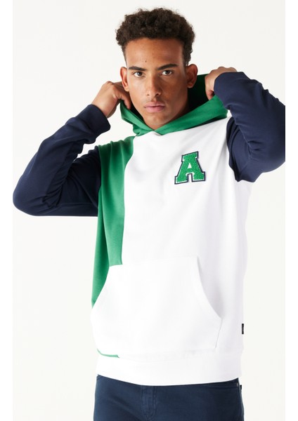 Erkek Beyaz-yeşil Standart Fit Normal Kesim Kapüşonlu Pamuklu Çizgili Sweatshirt