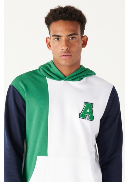 Erkek Beyaz-yeşil Standart Fit Normal Kesim Kapüşonlu Pamuklu Çizgili Sweatshirt