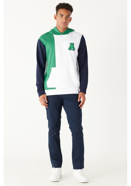 Erkek Beyaz-yeşil Standart Fit Normal Kesim Kapüşonlu Pamuklu Çizgili Sweatshirt