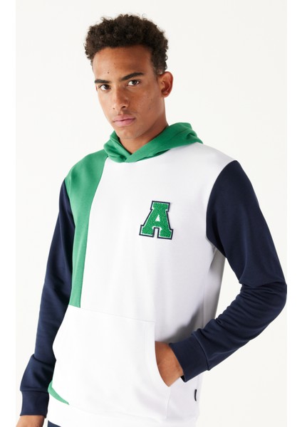 Erkek Beyaz-yeşil Standart Fit Normal Kesim Kapüşonlu Pamuklu Çizgili Sweatshirt