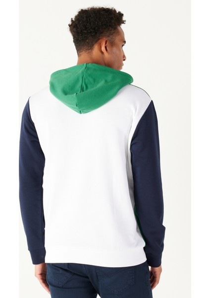 Erkek Beyaz-yeşil Standart Fit Normal Kesim Kapüşonlu Pamuklu Çizgili Sweatshirt