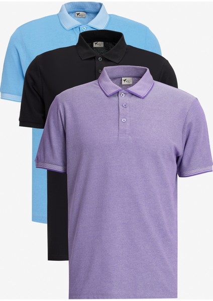Erkek Siyah-Mavi-Mor Beyaz 3'lü Çekmeyen Pamuklu Slim Fit Dar Kesim Kıvrılmaz Polo Yaka Tişört