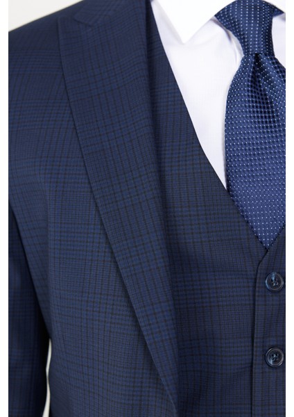 Slim Fit Dar Kesim Kırlangıç Yaka Kareli Yünlü Yelekli Takım Elbise indirimleri