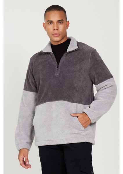 Erkek A.melanj G.melanj Standart Fit Dik Yaka Kanguru Cepli Çift Renkli Sherpa Polar Sweatshirt