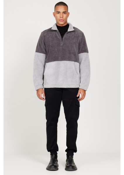 Erkek A.melanj G.melanj Standart Fit Dik Yaka Kanguru Cepli Çift Renkli Sherpa Polar Sweatshirt