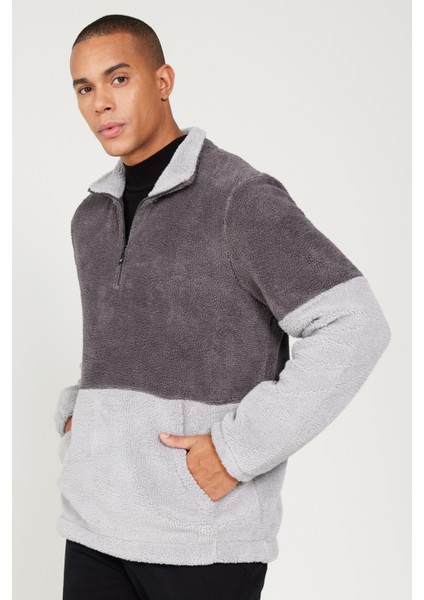 Erkek A.melanj G.melanj Standart Fit Dik Yaka Kanguru Cepli Çift Renkli Sherpa Polar Sweatshirt