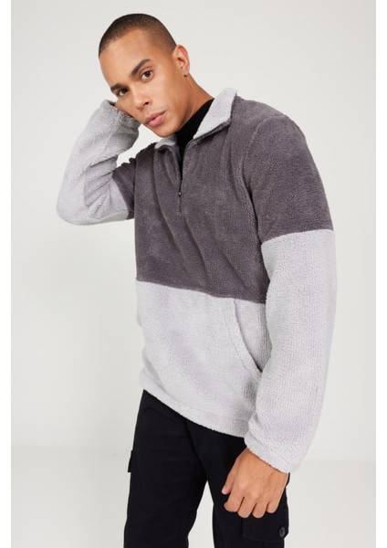 Erkek A.melanj G.melanj Standart Fit Dik Yaka Kanguru Cepli Çift Renkli Sherpa Polar Sweatshirt