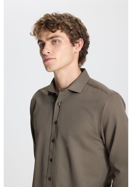 Erkek Haki Slim Fit Dar Kesim Italyan Yaka Armürlü Gömlek fırsatları