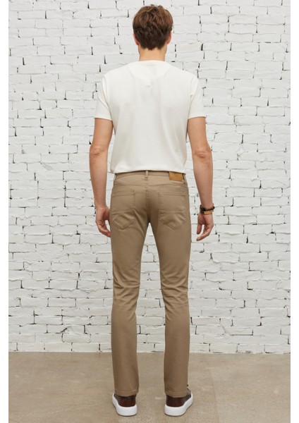 Erkek Bej Slim Fit Dar Kesim 5 Cep Armürlü Esnek Pantolon