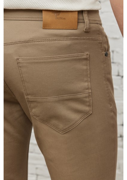 Erkek Bej Slim Fit Dar Kesim 5 Cep Armürlü Esnek Pantolon