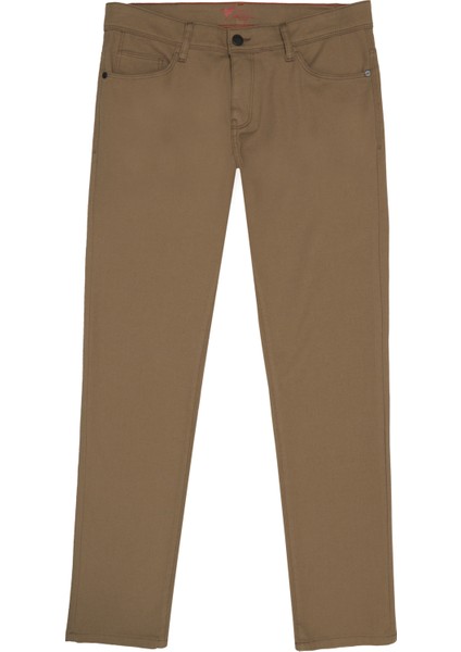 Erkek Bej Slim Fit Dar Kesim 5 Cep Armürlü Esnek Pantolon