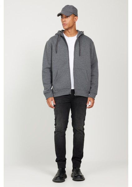 Erkek Antrasit-melanj Standart Fit Normal Kesim Kapüşonlu Fermuarlı Sweatshirt Ceket