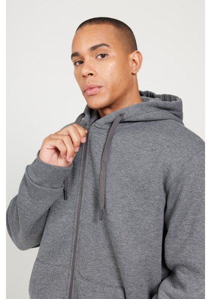 Erkek Antrasit-melanj Standart Fit Normal Kesim Kapüşonlu Fermuarlı Sweatshirt Ceket