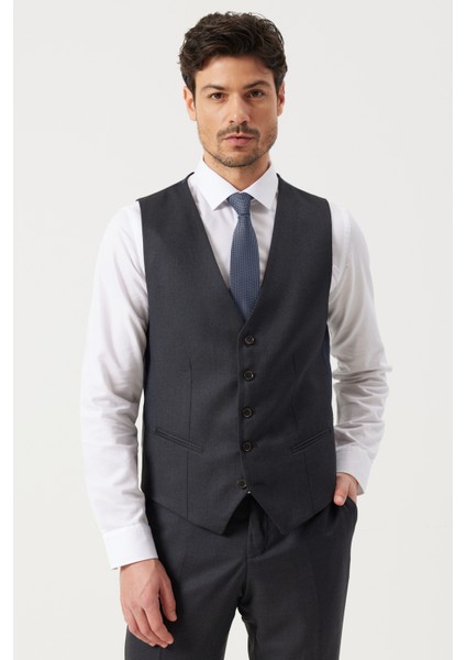 ALTINYILDIZ CLASSICS Erkek Koyu Lacivert Slim Fit Dar Kesim Mono Yaka Kuş Gözü Desenli Yelekli Takım Elbise