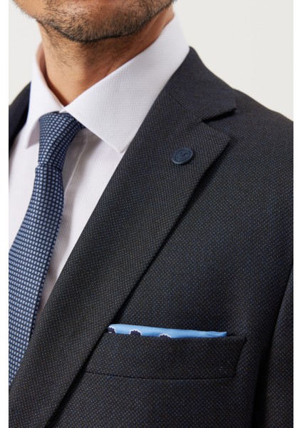 ALTINYILDIZ CLASSICS Erkek Koyu Lacivert Slim Fit Dar Kesim Mono Yaka Kuş Gözü Desenli Yelekli Takım Elbise