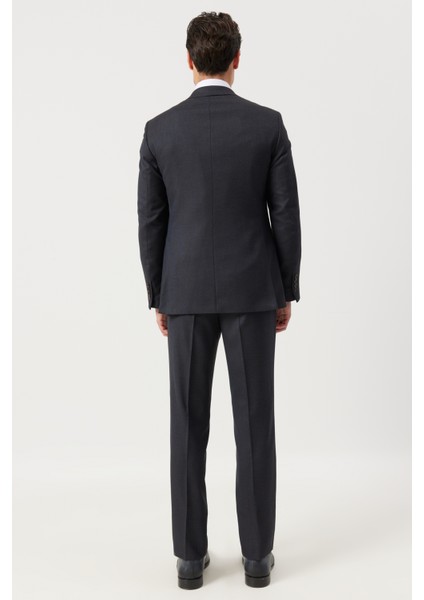 ALTINYILDIZ CLASSICS Erkek Koyu Lacivert Slim Fit Dar Kesim Mono Yaka Kuş Gözü Desenli Yelekli Takım Elbise