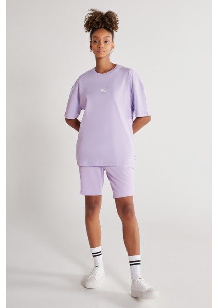 Unisex Lila Standart Fit Normal Kesim Pamuklu Cepli Esnek Örme Şort