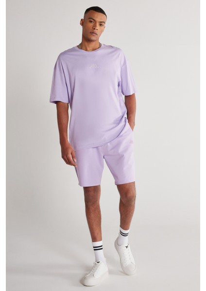 Unisex Lila Standart Fit Normal Kesim Pamuklu Cepli Esnek Örme Şort