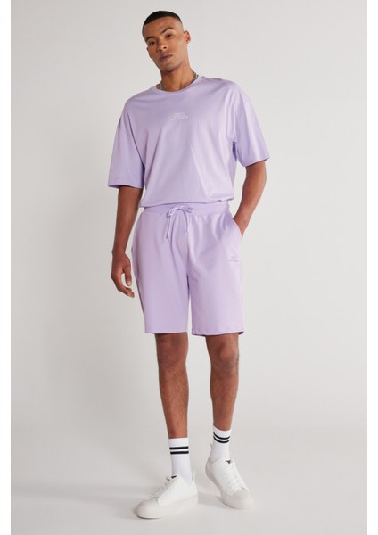 Unisex Lila Standart Fit Normal Kesim Pamuklu Cepli Esnek Örme Şort