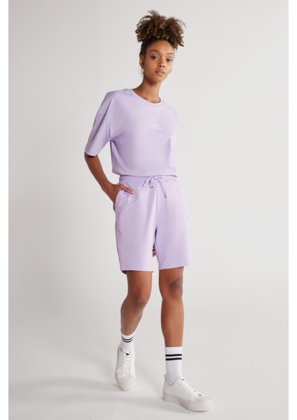 Unisex Lila Standart Fit Normal Kesim Pamuklu Cepli Esnek Örme Şort