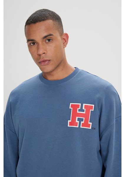 Erkek İndigo Harvard Lisanslı 3 İplik Pamuklu Oversize Fit Bol Kesim Bisiklet Yaka Sweatshirt