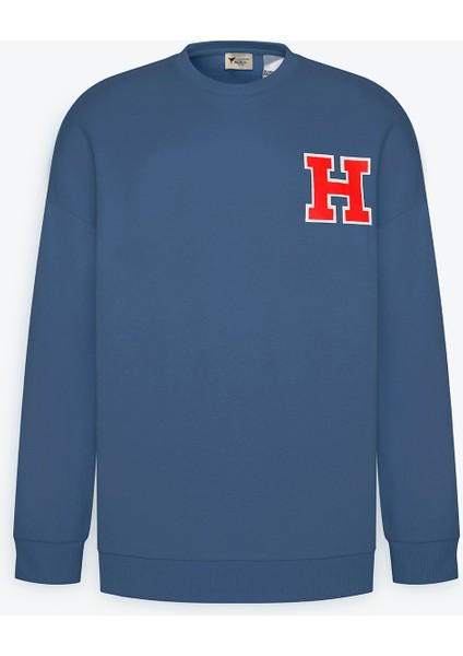 Erkek İndigo Harvard Lisanslı 3 İplik Pamuklu Oversize Fit Bol Kesim Bisiklet Yaka Sweatshirt