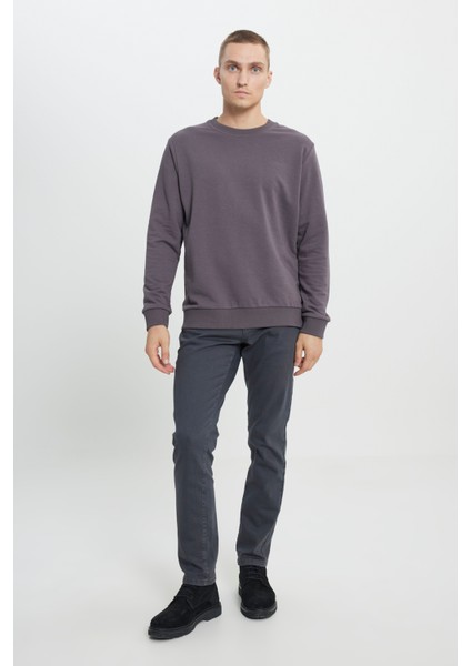 Erkek Koyu Gri Oversize Bol Kesim 3 İplik Bisiklet Yaka Pamuklu Sweatshirt