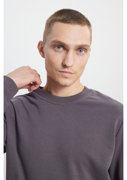 Erkek Koyu Gri Oversize Bol Kesim 3 İplik Bisiklet Yaka Pamuklu Sweatshirt