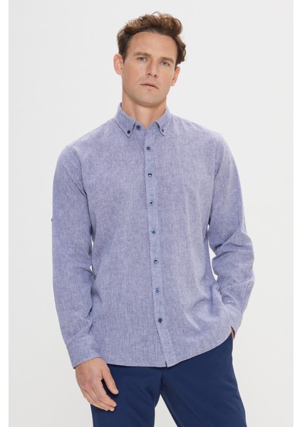 Erkek Lacivert Comfort Fit Rahat Kesim Düğmeli Yaka Casual Keten Gömlek