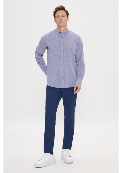 Erkek Lacivert Comfort Fit Rahat Kesim Düğmeli Yaka Casual Keten Gömlek
